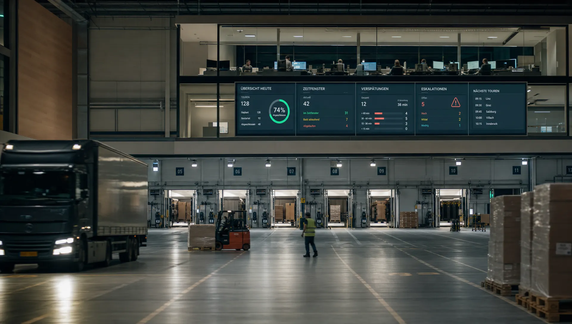 In einer Logistikanlage zeigen Prozessanzeigen Touren, Zeitfenster und Eskalationen für die Disposition.