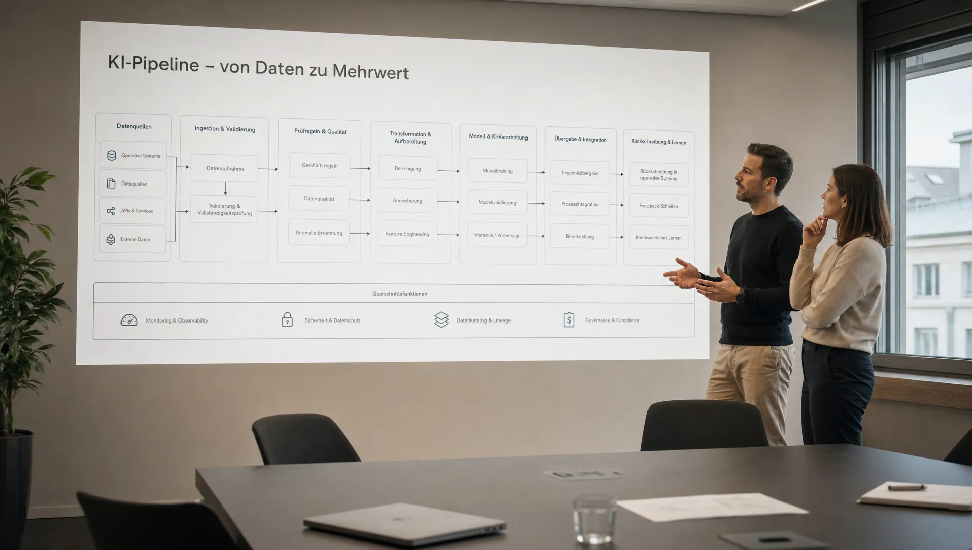 Ein moderner, sauberer Projektraum in einem Wiener Softwareunternehmen mit einer großen Wandfläche als Hauptmotiv: Darauf ist eine klare Architekturansicht einer KI-Pipeline zu sehen, mit Datenquellen, Prüfregeln, Transformationsschritten, Modellübergabe und Rückschreibung in operative Systeme. Im Vordergrund steht ein aufgeräumter Besprechungstisch mit wenigen Unterlagen und einem geschlossenen Notebook, während zwei erwachsene Personen seitlich im Raum die Umsetzung besprechen. Die Szene wirkt ruhig, professionell und passend für produktionsreife Softwareentwicklung.