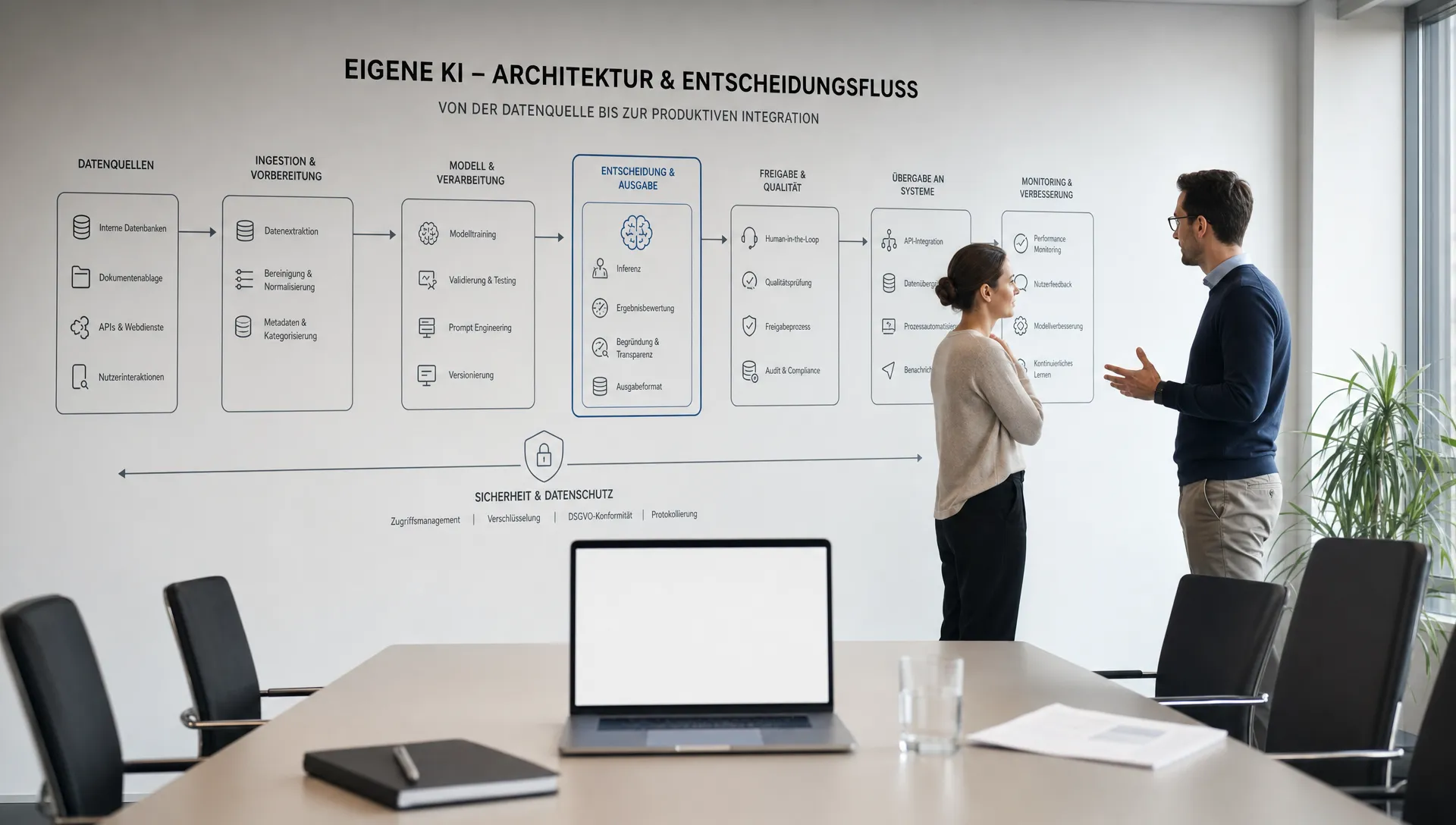 Ein sauberer, professioneller Besprechungsraum in einem Softwareentwicklungsunternehmen mit einer großen Wandfläche als Hauptmotiv: Dort ist ein klarer Architektur- und Entscheidungsfluss für eine eigene KI dargestellt, mit Prozessschritten, Datenquellen, Freigaben, Monitoring und Übergabe an bestehende Systeme. Im Vordergrund steht ein aufgeräumter Tisch mit wenigen Unterlagen und einem Laptop, dessen Bildschirm zur Kamera zeigt und keinen Inhalt im Hintergrund hat. Zwei erwachsene Personen in Business-Casual besprechen die Lösung seitlich im Raum, sodass die Szene ruhig, strukturiert und auf produktionsreife Entwicklung ausgerichtet wirkt.