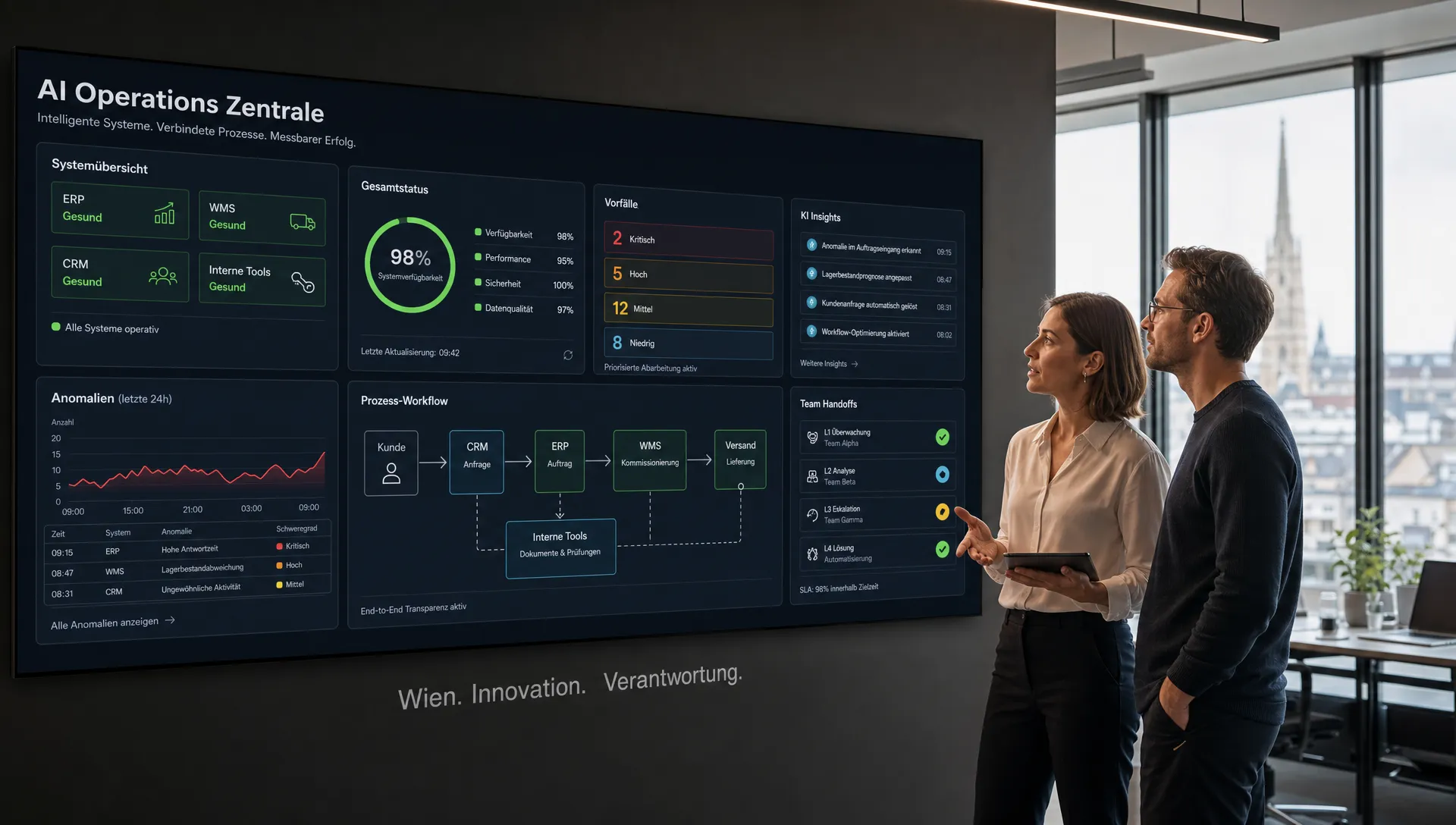 A clean, professional software development company scene in a modern Vienna office: two adults stand beside a large wall display that combines live operational dashboards, system health signals, incident priorities, and workflow handoffs across ERP, WMS, CRM, and internal tools. The screens face the camera and show clear system relationships rather than hidden content. The composition feels polished and structured, with the dashboard wall as the main hero element and a subtle sense of production-ready AI operations.
