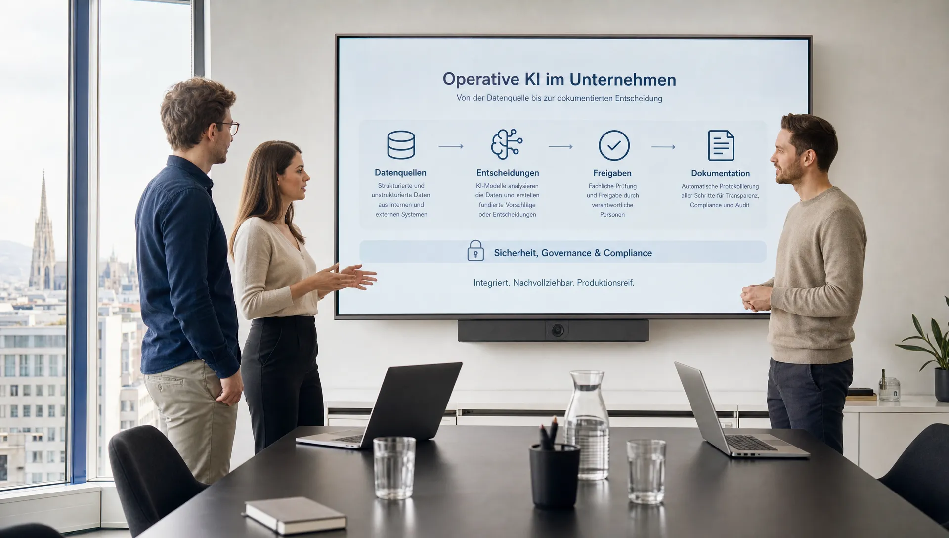 Ein helles, modernes Softwareentwicklungs-Büro in Wien mit einem breiten Konferenztisch im Vordergrund und einem großen Wanddisplay im Hintergrund, das einen klaren Ablauf von operativer KI zeigt: Datenquellen, Entscheidungen, Freigaben und Dokumentation in einer strukturierten Systemansicht. Zwei bis drei Erwachsene in Business-Casual stehen seitlich am Tisch und besprechen den Prozess, die Bildschirme sind zur Kamera ausgerichtet und zeigen keine Inhalte hinter den Geräten. Die Szene wirkt aufgeräumt, professionell und geeignet für ein Unternehmen, das produktionsreife Software und KI-Lösungen liefert.