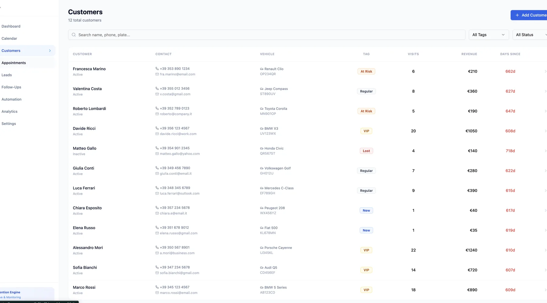 AutoWash CRM customer list with tags