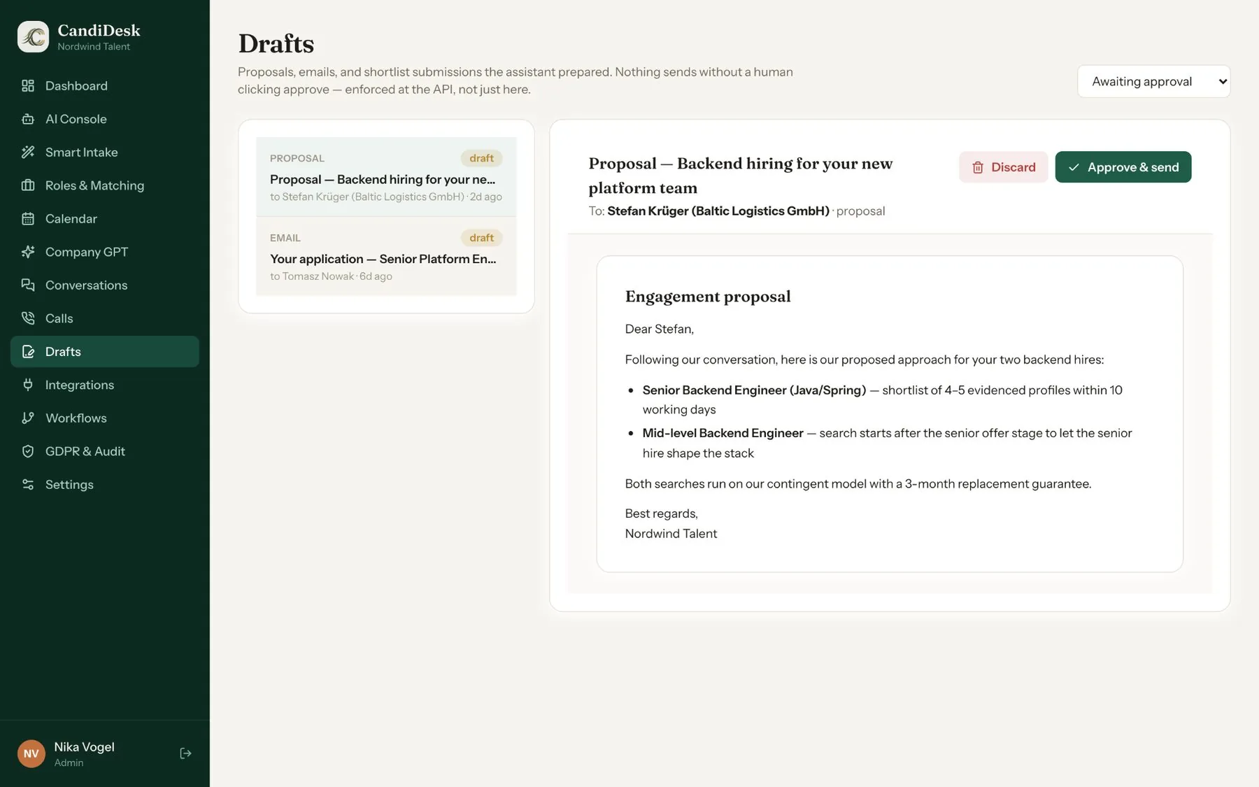 CandiDesk drafts awaiting human approval