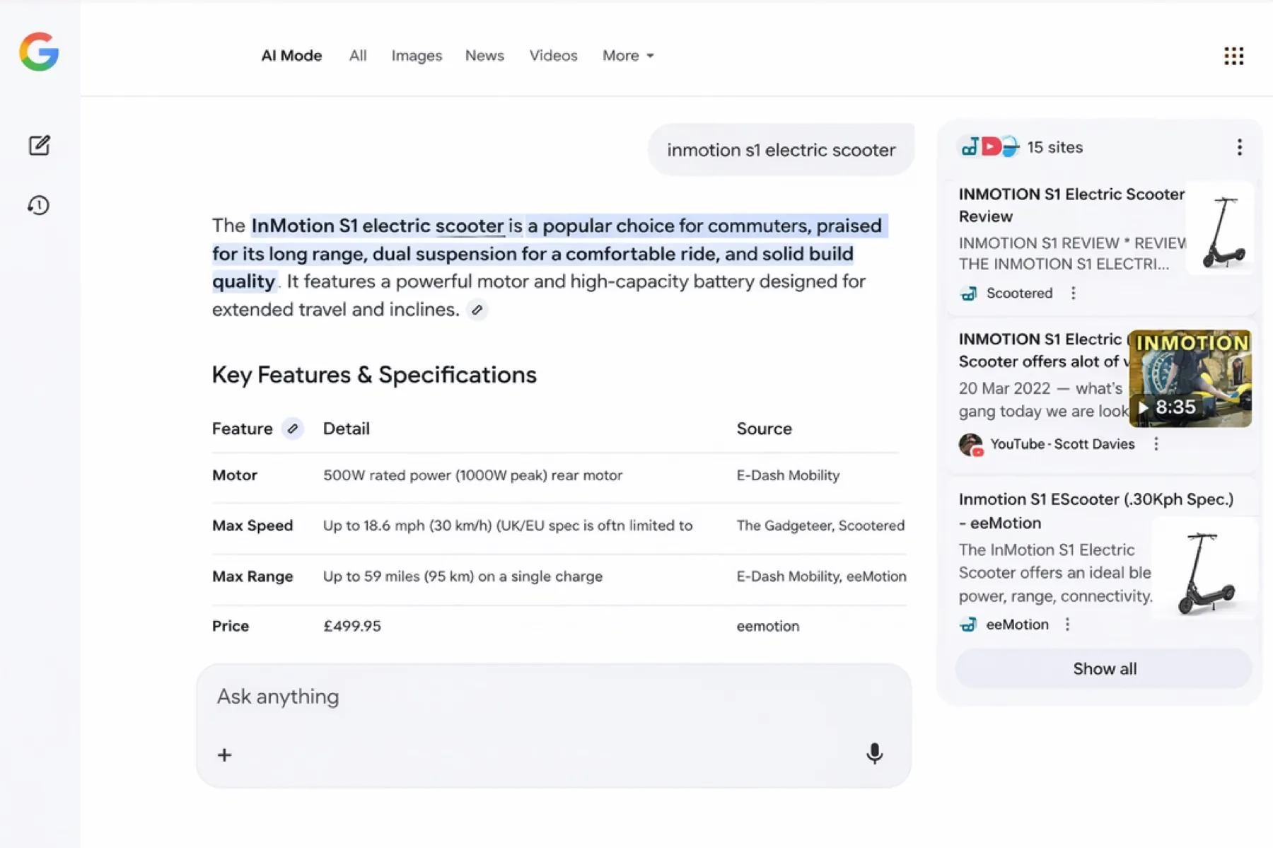 Google AI Mode citing eemotion.co.uk as a source for scooter specifications