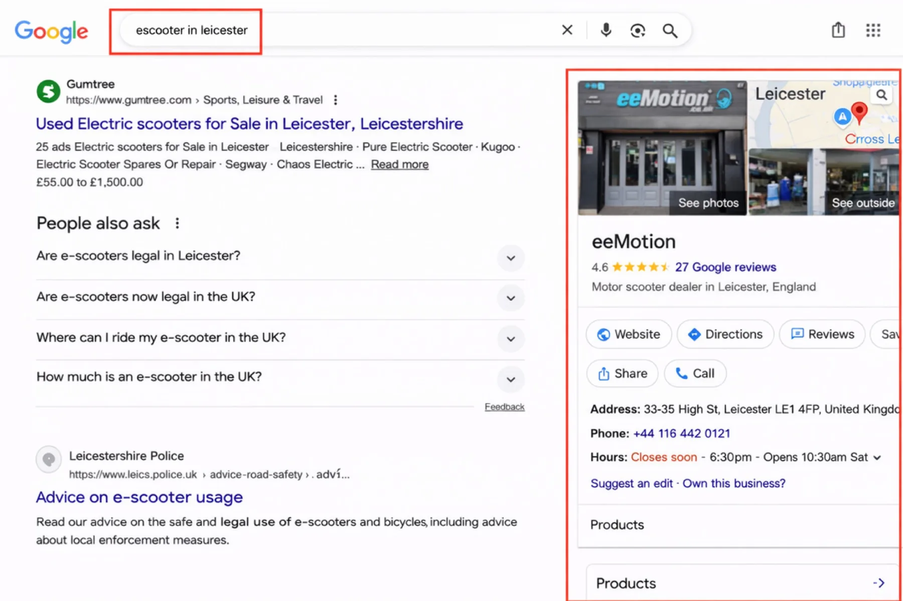 Google local map pack showing eeMotion in Leicester, UK