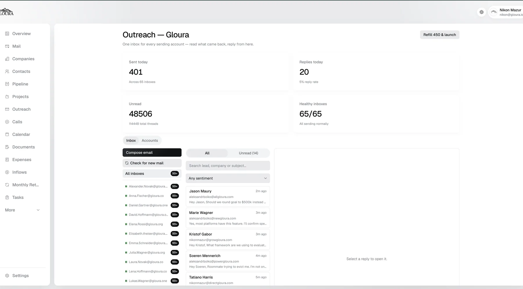 Gloura CRM unified outreach inbox