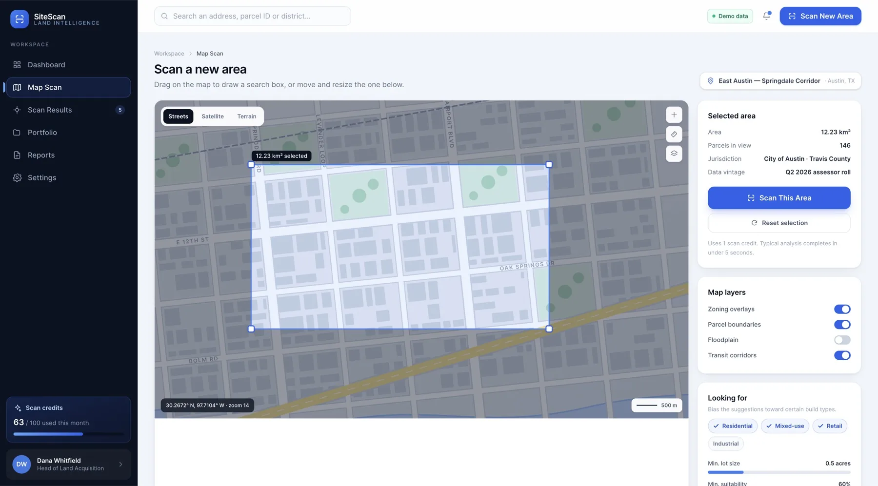 SiteScan map scan area selection tool