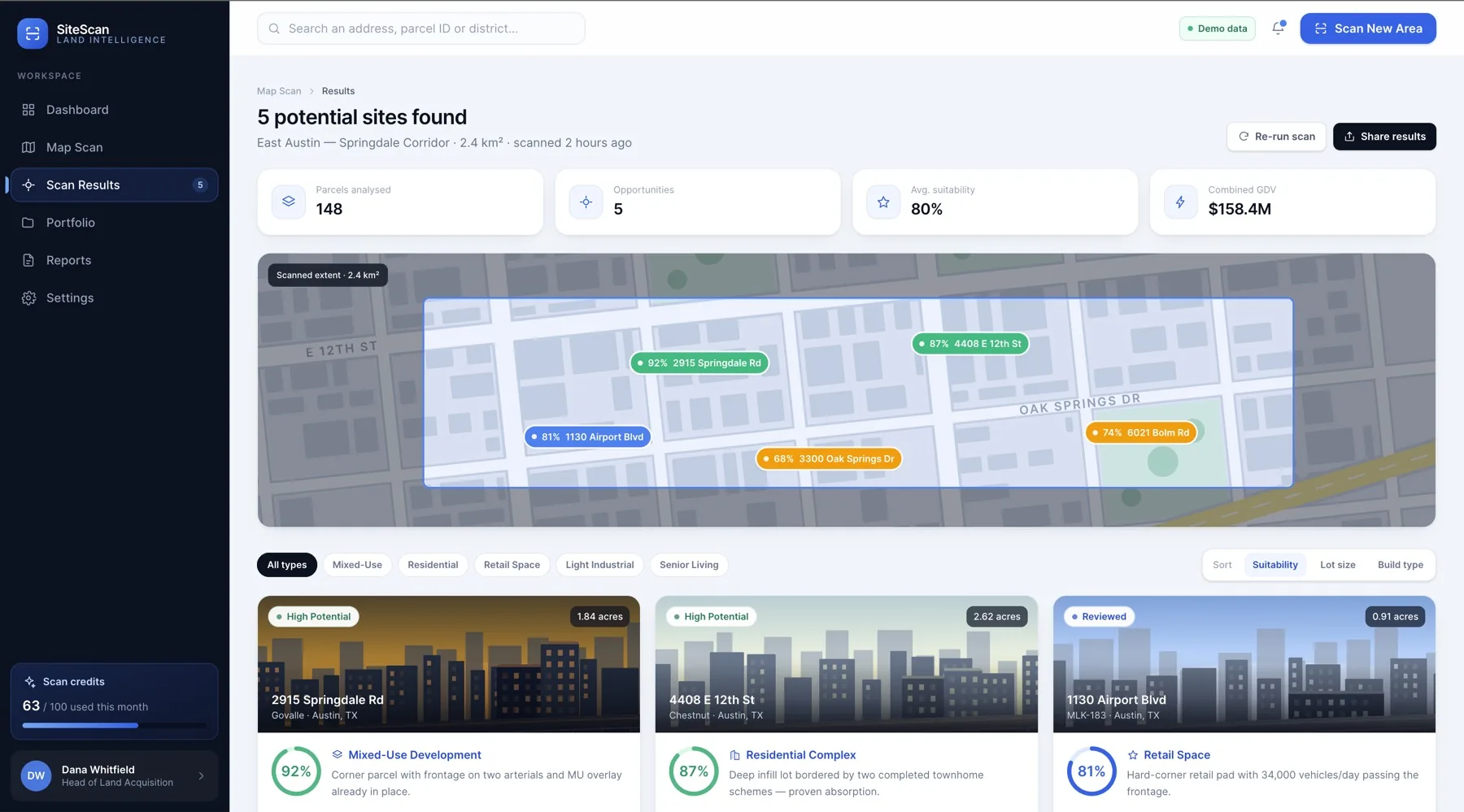 SiteScan scan results ranked by suitability