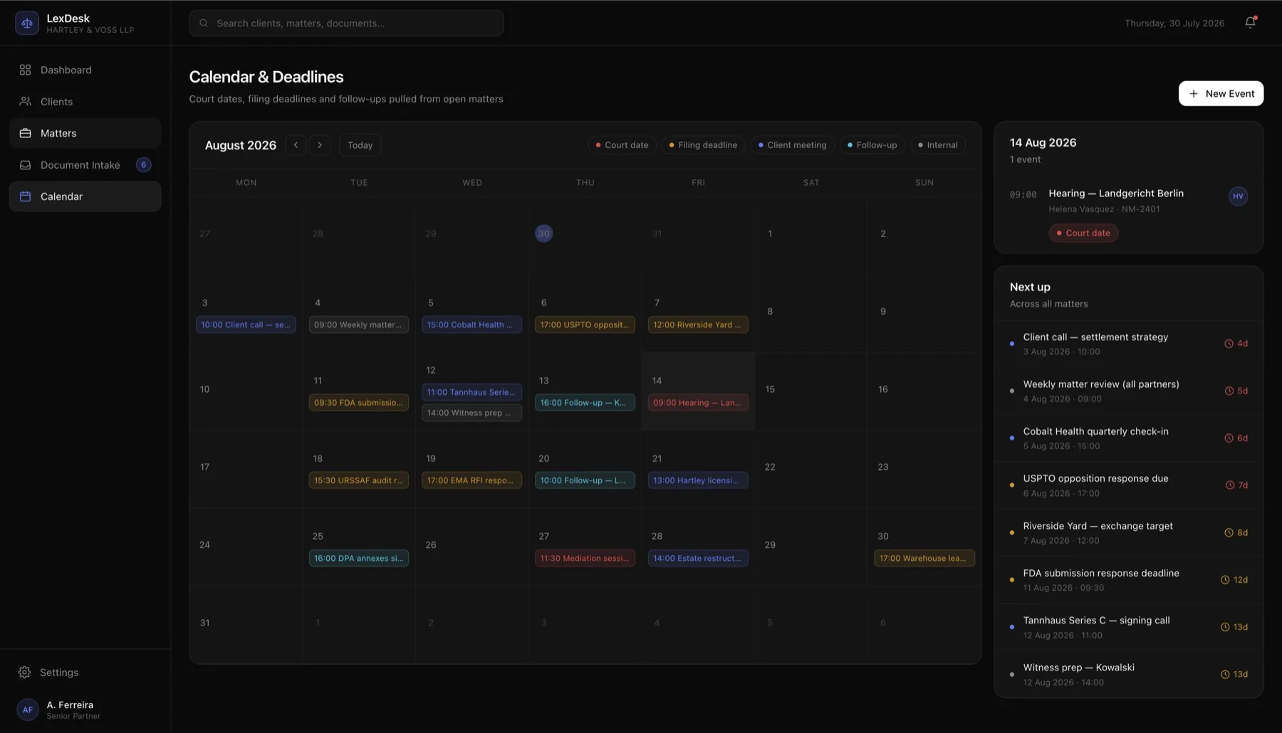 LexDesk calendar and deadlines