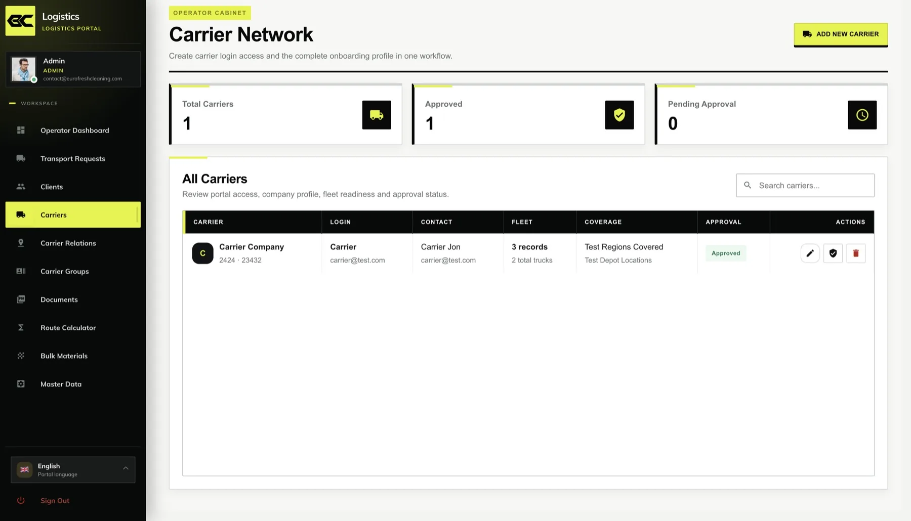 Carrier network table with fleet, coverage and approval status