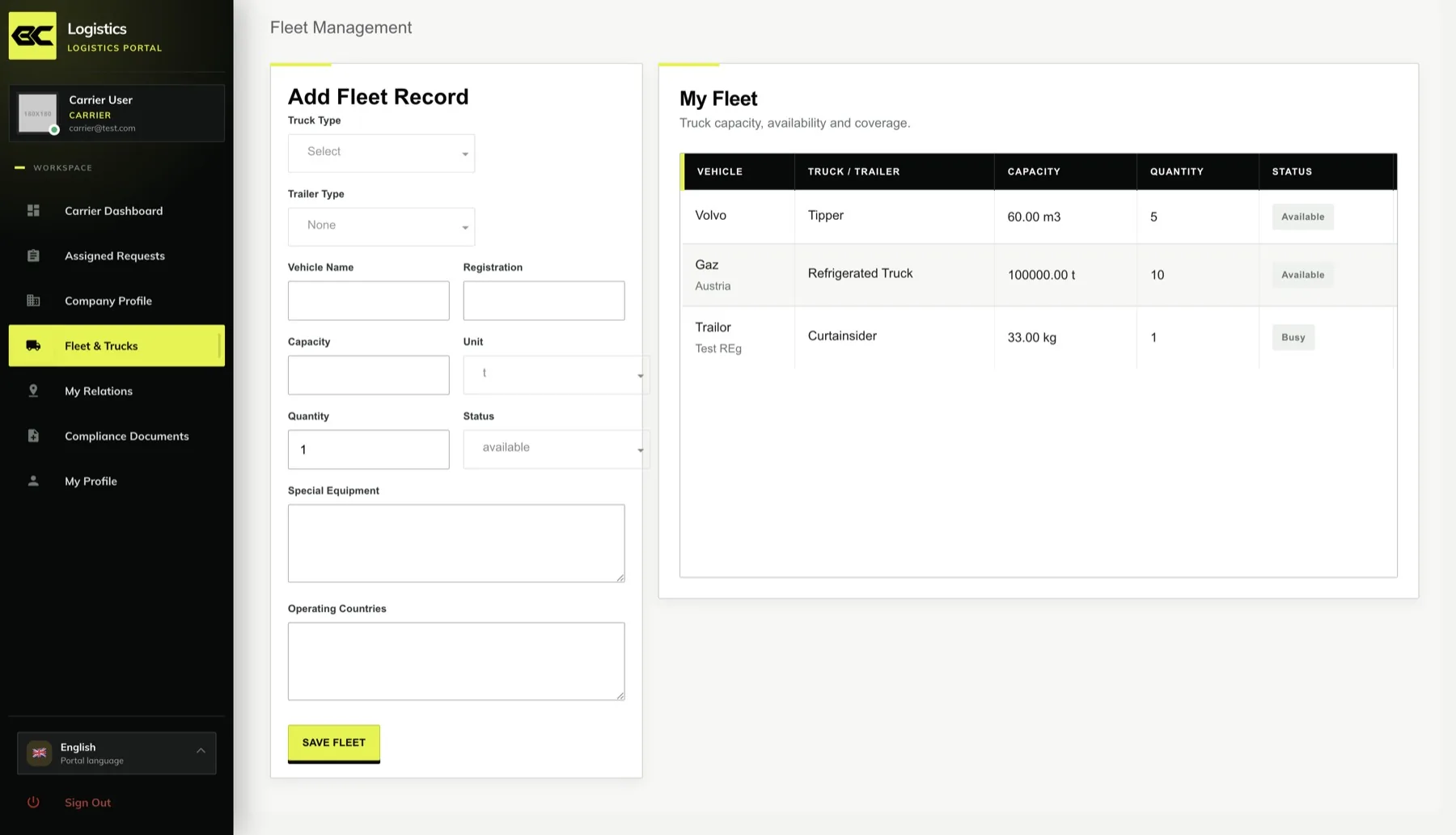 Carrier fleet management with truck capacity and availability