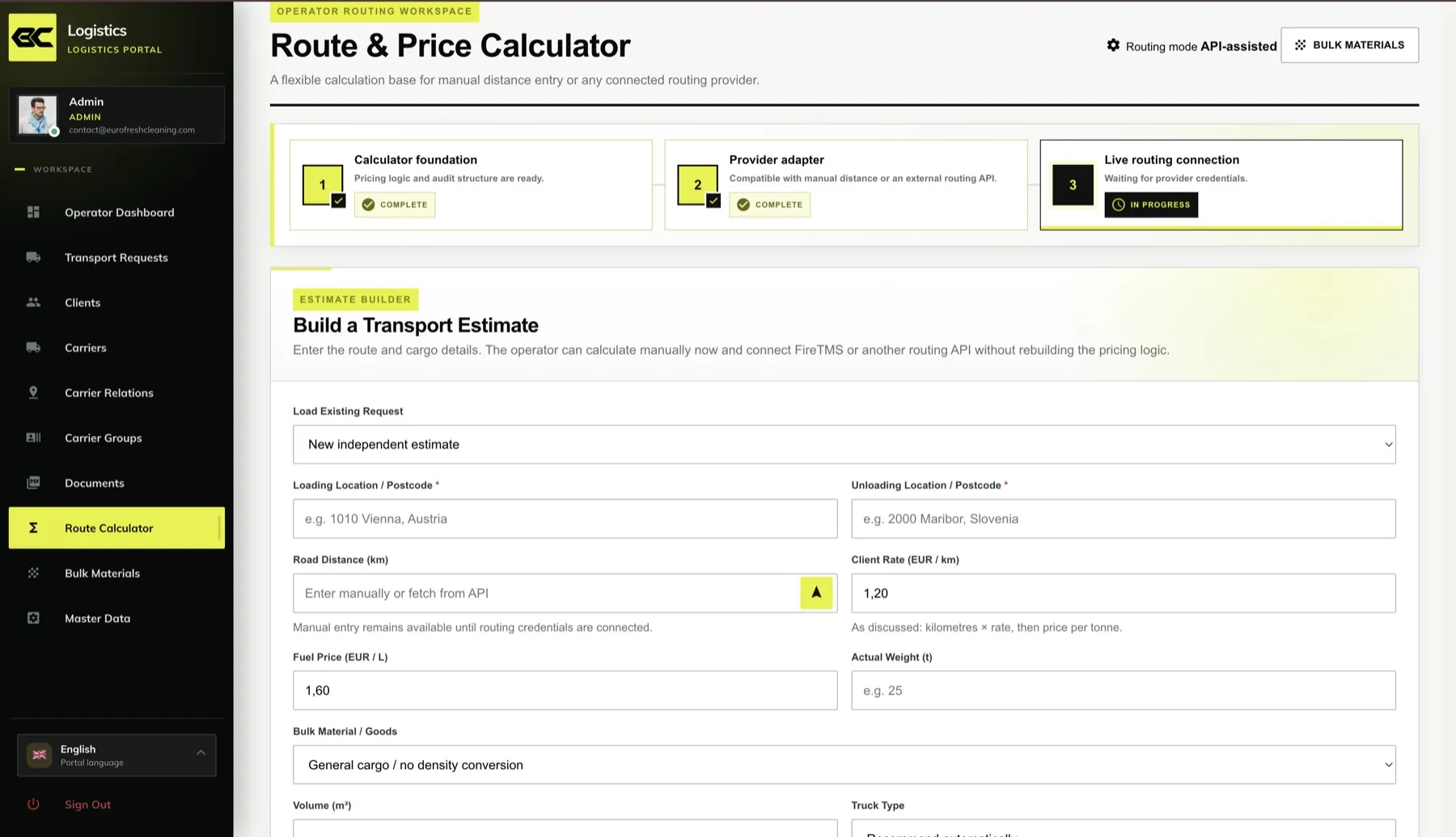 Route and price calculator for building a transport estimate