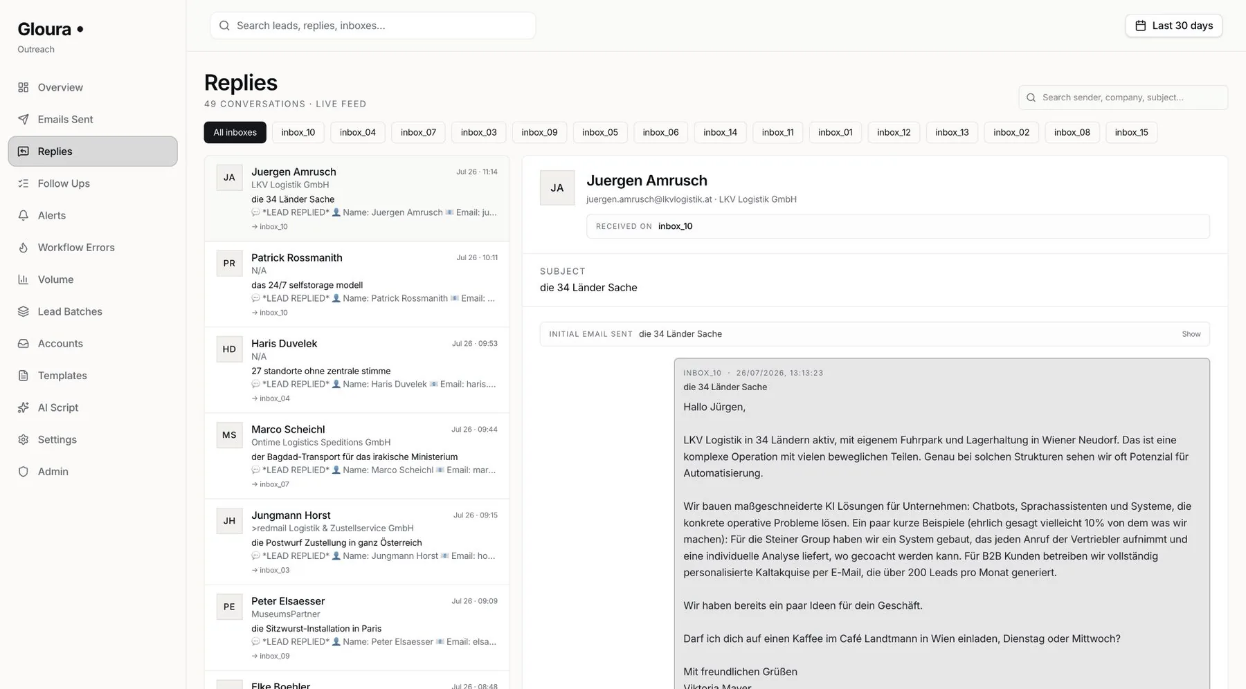 Gloura outreach replies inbox
