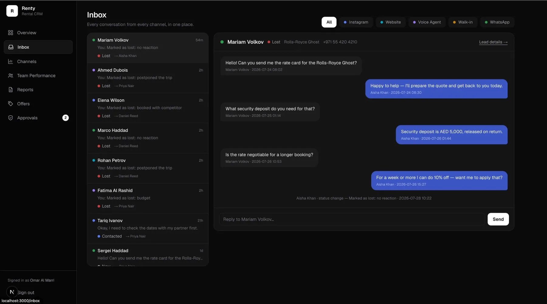 Renty unified inbox showing a customer conversation