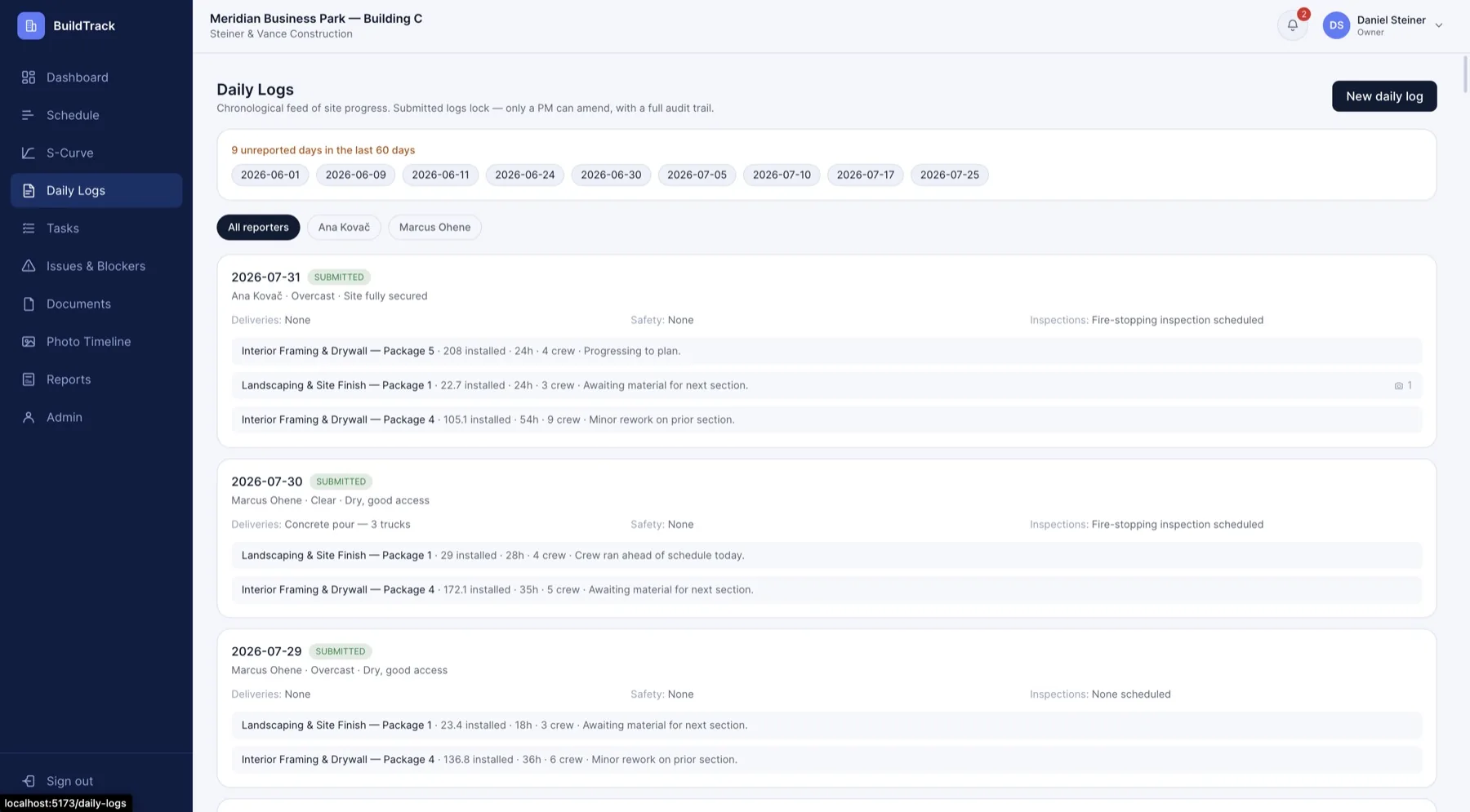 BuildTrack daily site logs