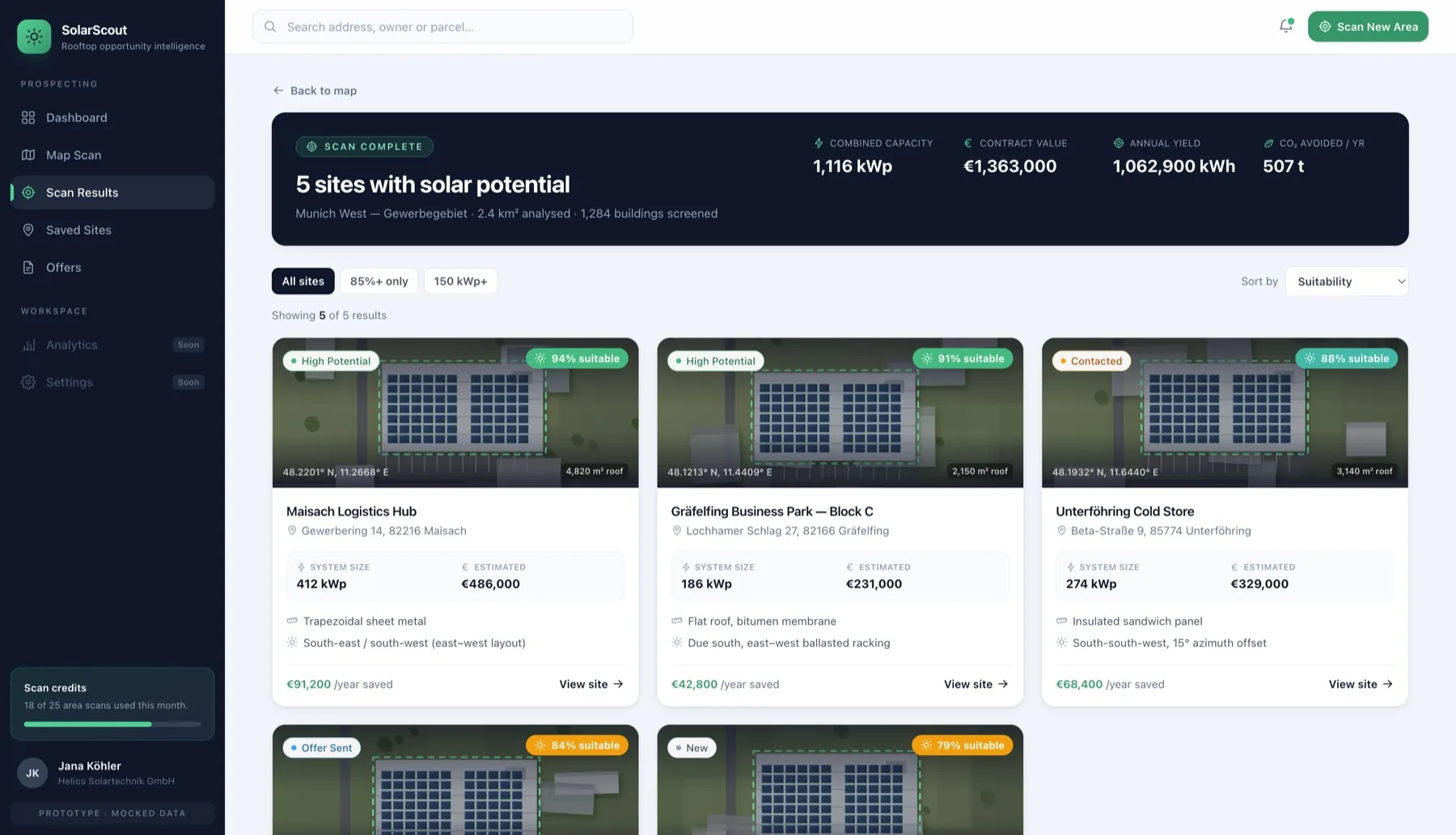 SolarScout scan results ranked by solar suitability