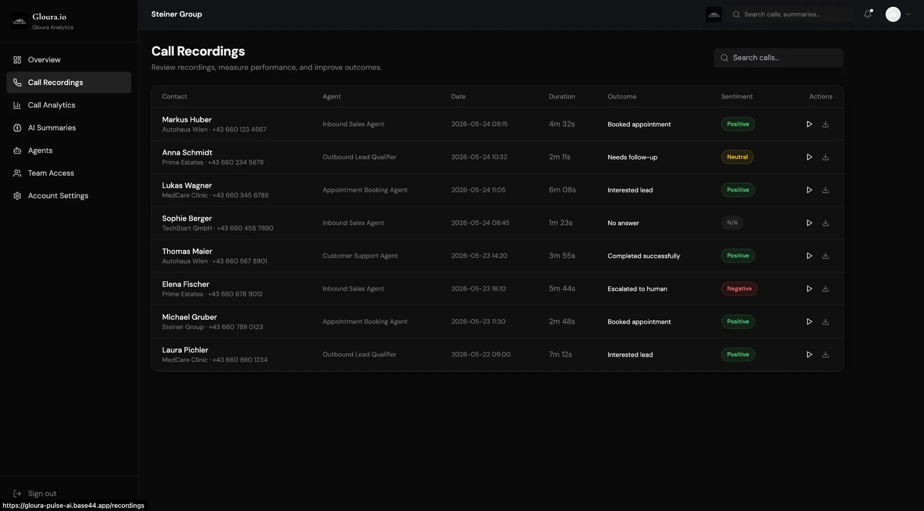 Call recordings list with outcome and sentiment