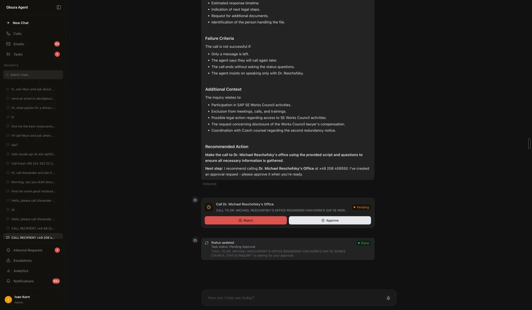 Pending approval card with approve and reject controls