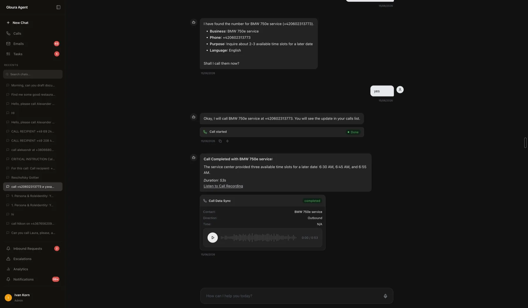 Completed call with summary, duration, and audio recording