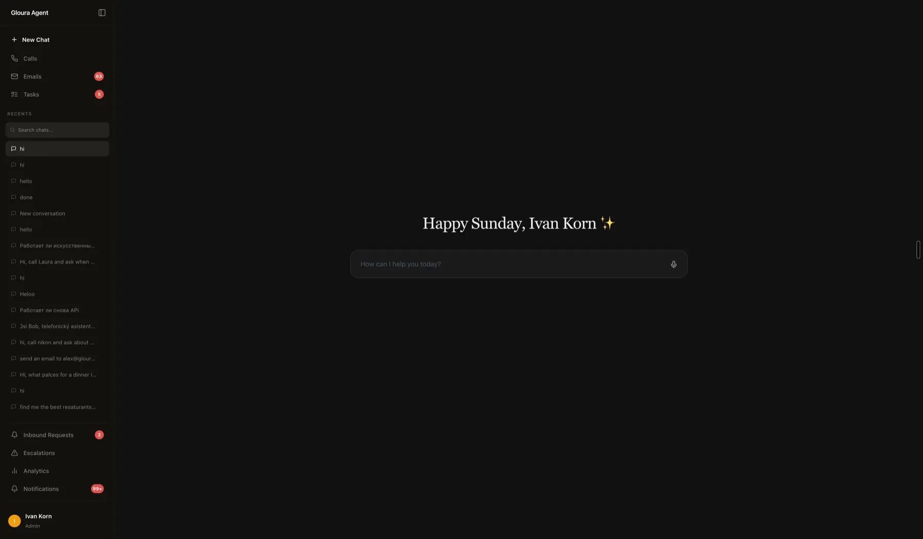 Gloura Agent chat interface with a single command box