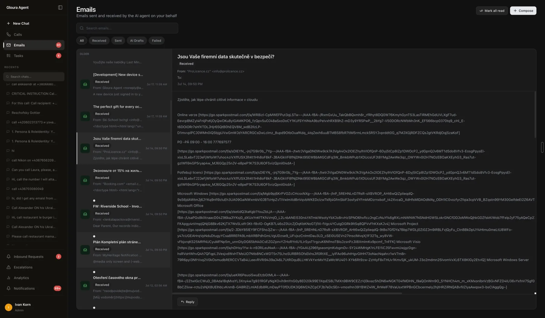 Email view showing received mail, AI drafts, and sent items