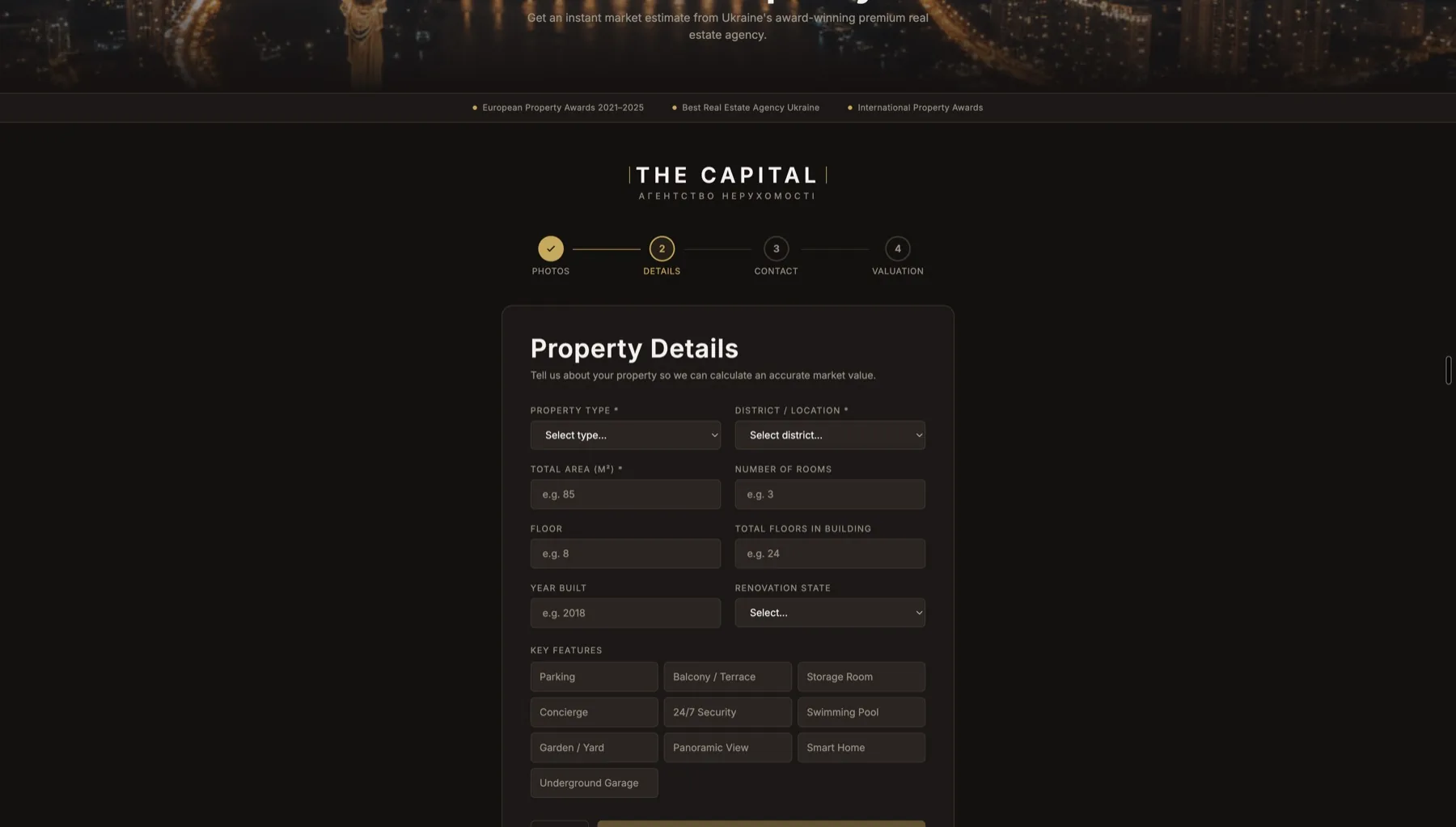 Property details form with type, district, area, and key features